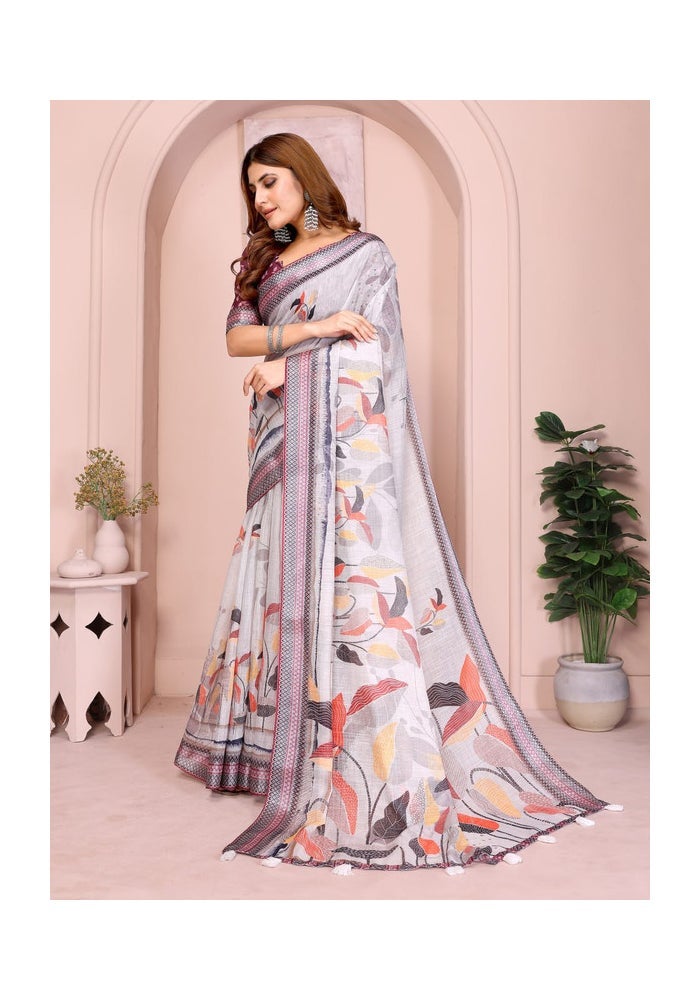 Malishka Export Linen Cotton Grey Saree for Women - Image 3